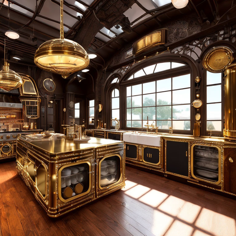 Steampunk-themed Kitchen with Brass and Black Cabinetry