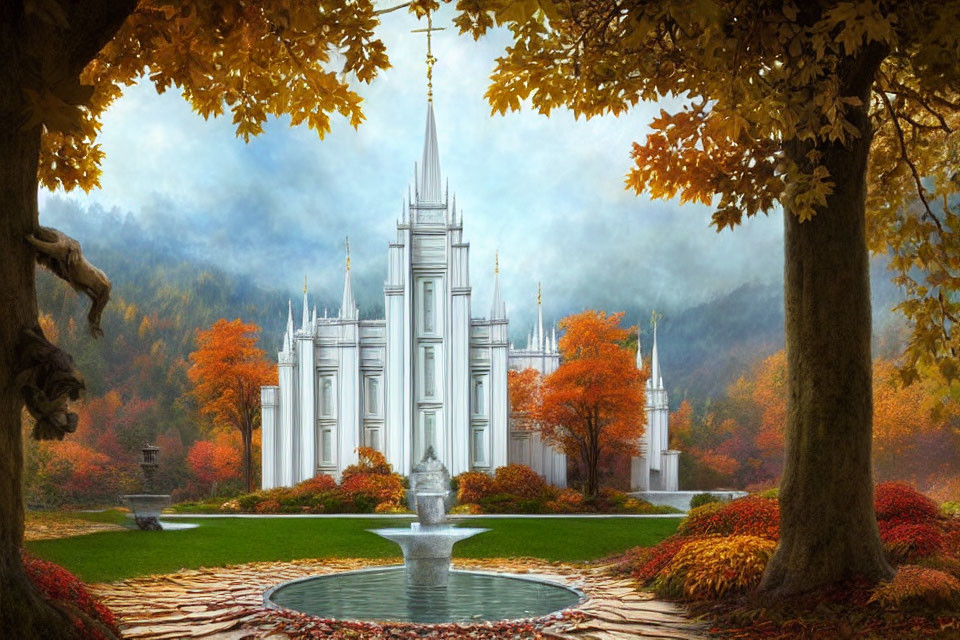 Majestic white temple in serene autumnal setting