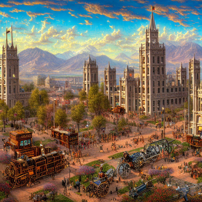 Historical city scene with trains, carriages, crowds, ornate buildings, and mountains