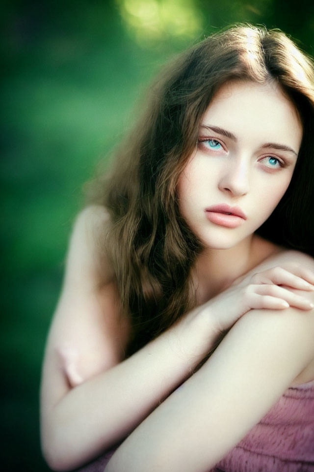 Woman with Wavy Hair and Striking Blue Eyes Gazing Thoughtfully