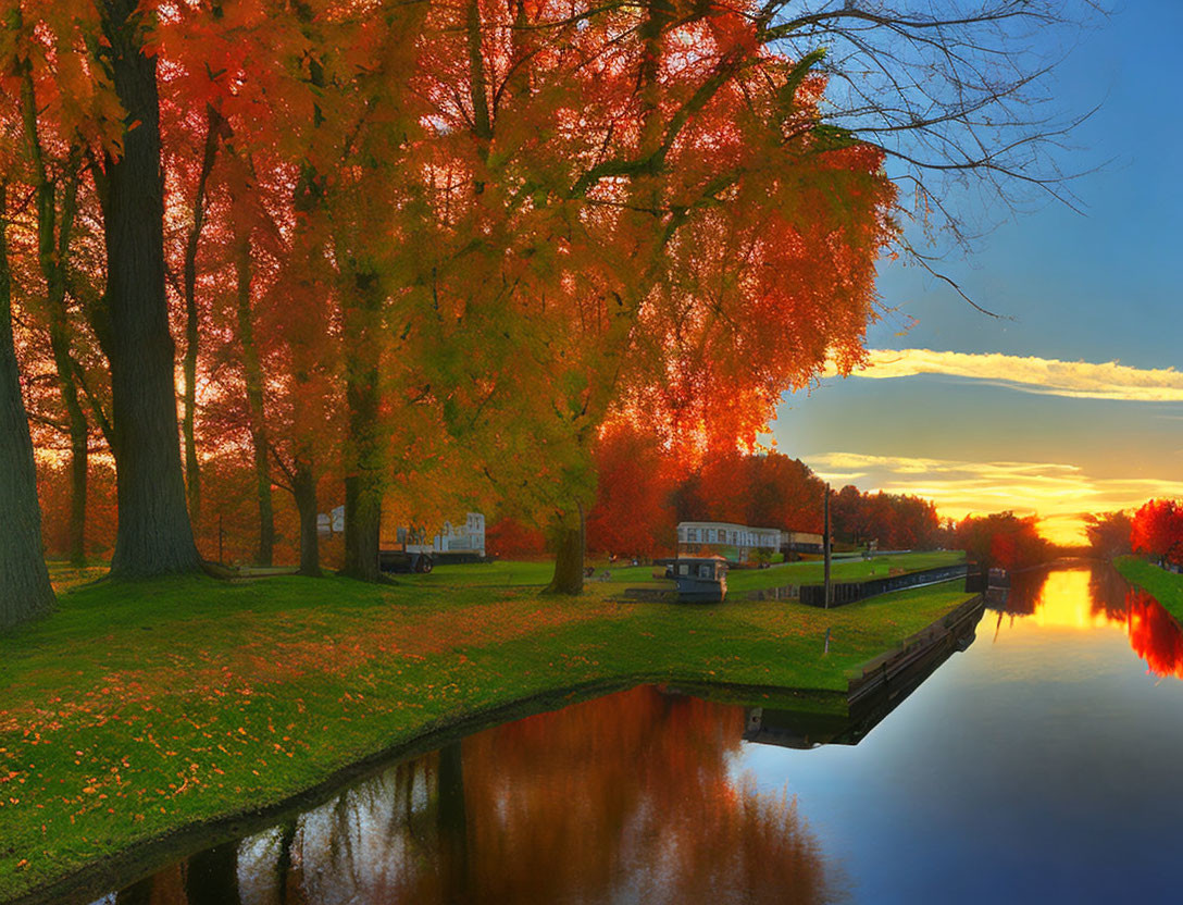 Tranquil autumn scene with vibrant foliage, calm river, and sunset.