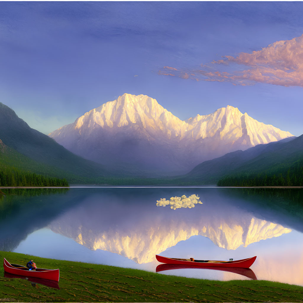 Relaxing person in red hammock by calm lake with snow-capped mountains at dusk