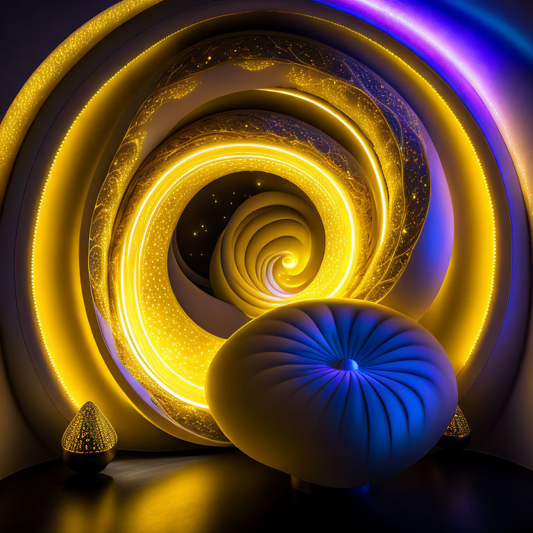 Golden and Blue-Purple Spiral Fractal Art with White Seat in Mystical Setting