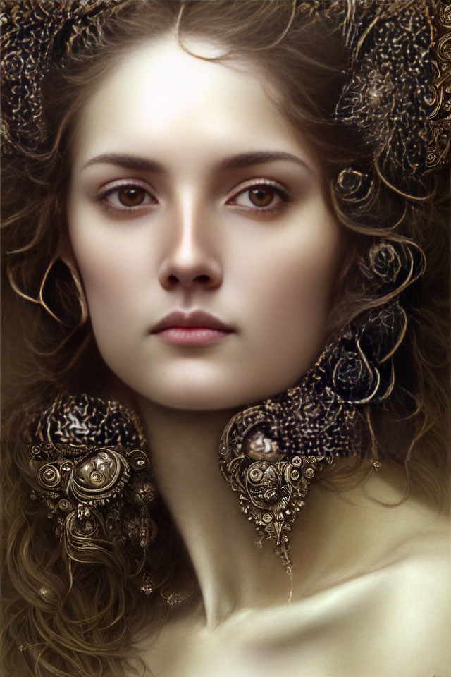 Intricate golden headdress on contemplative woman