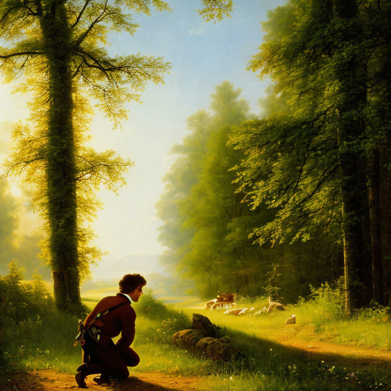Person in period clothing in serene forest sunrise setting