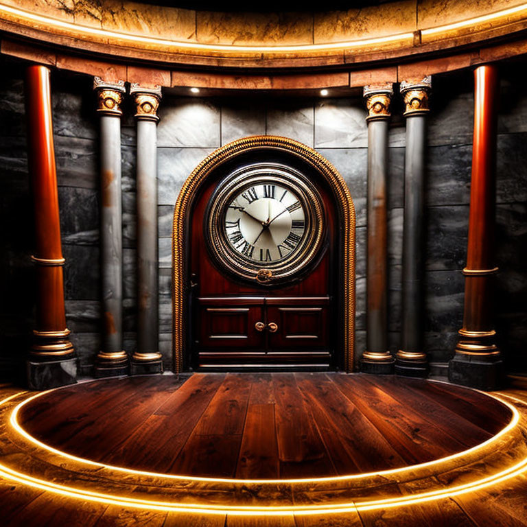 Circular wooden door framed by marble columns and vintage clock on textured wall.