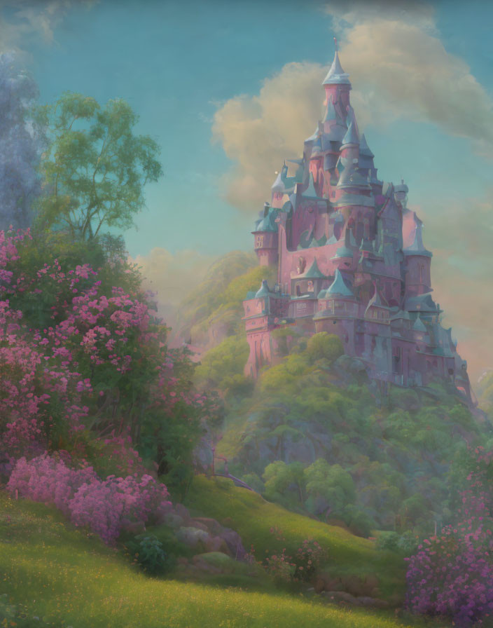 Pink castle on verdant hill surrounded by lush pink flora