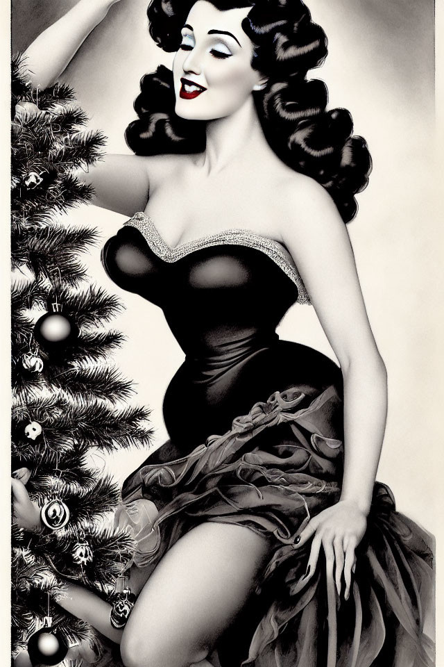 Smiling woman in vintage attire by Christmas tree