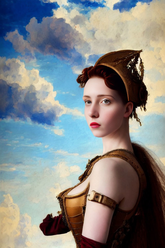 Historically dressed woman with crown in regal pose against cloudy sky.