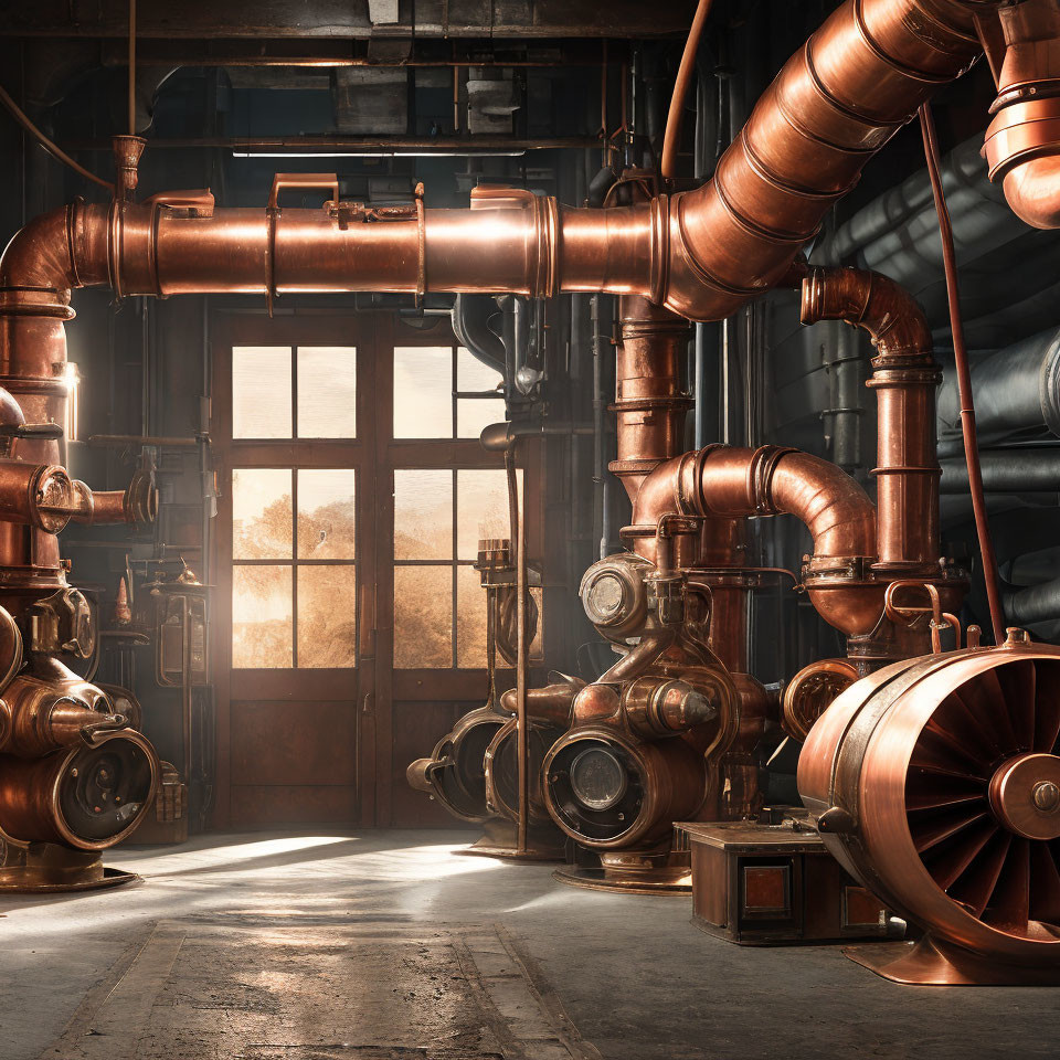 Industrial Interior with Large Copper Pipes and Machinery