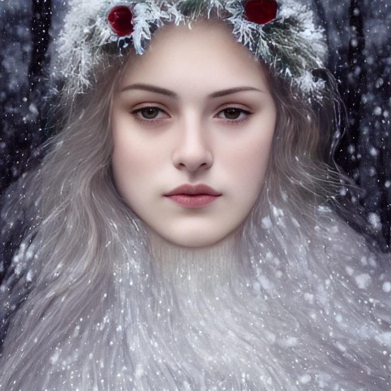 Winter-themed portrait of a woman with pine crown and snowflakes