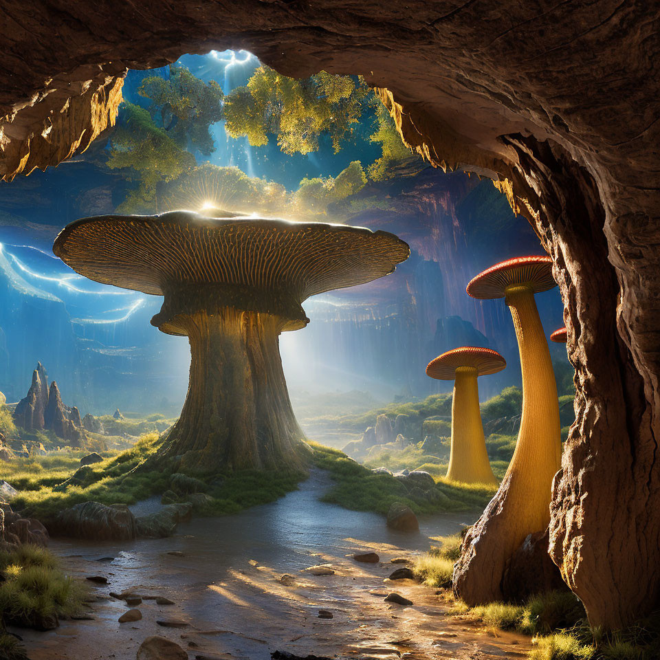 Fantastical cave with oversized mushrooms and glowing orbs in lush landscape