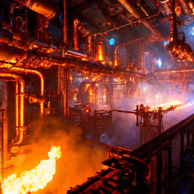 Dramatic industrial interior with fiery blast and intricate piping