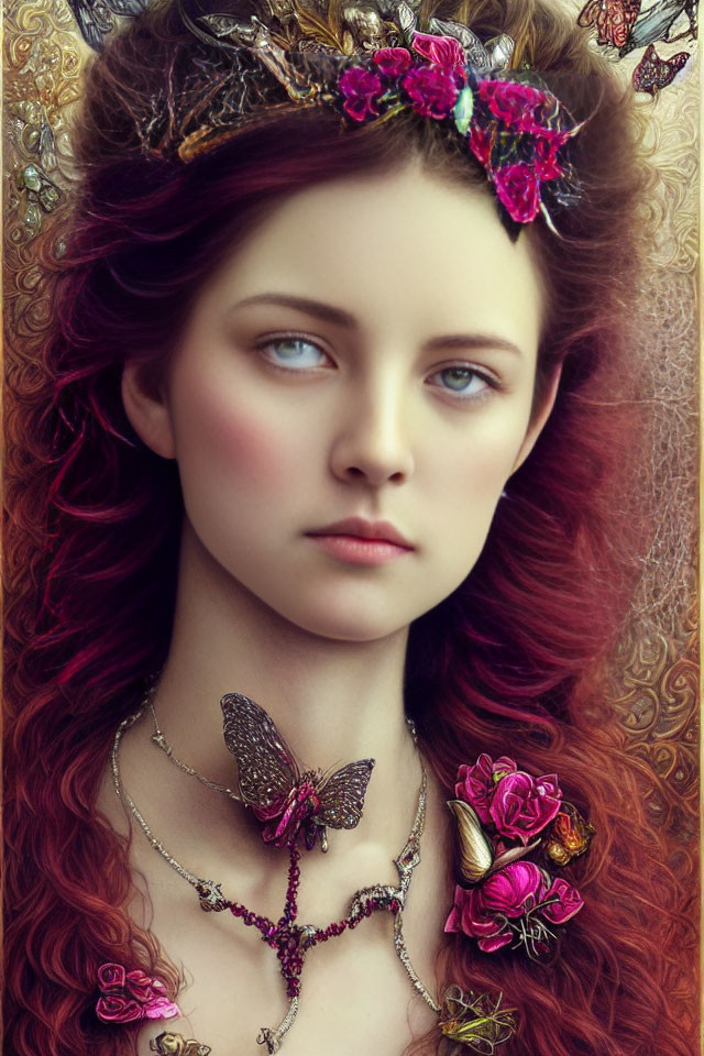 Red-haired woman with floral crown and butterflies in whimsical portrait