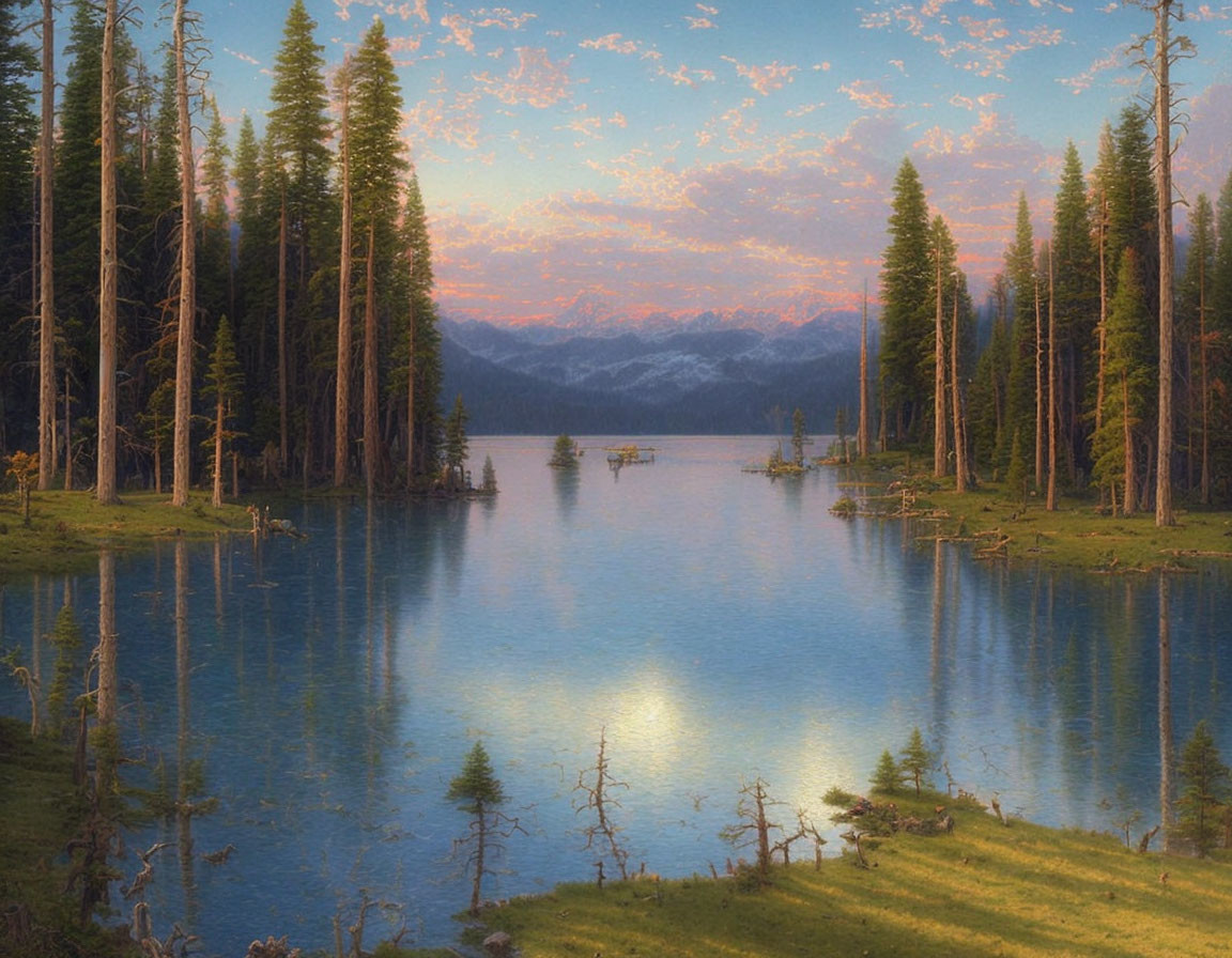Tranquil lake at sunset with pine trees and snowy mountains