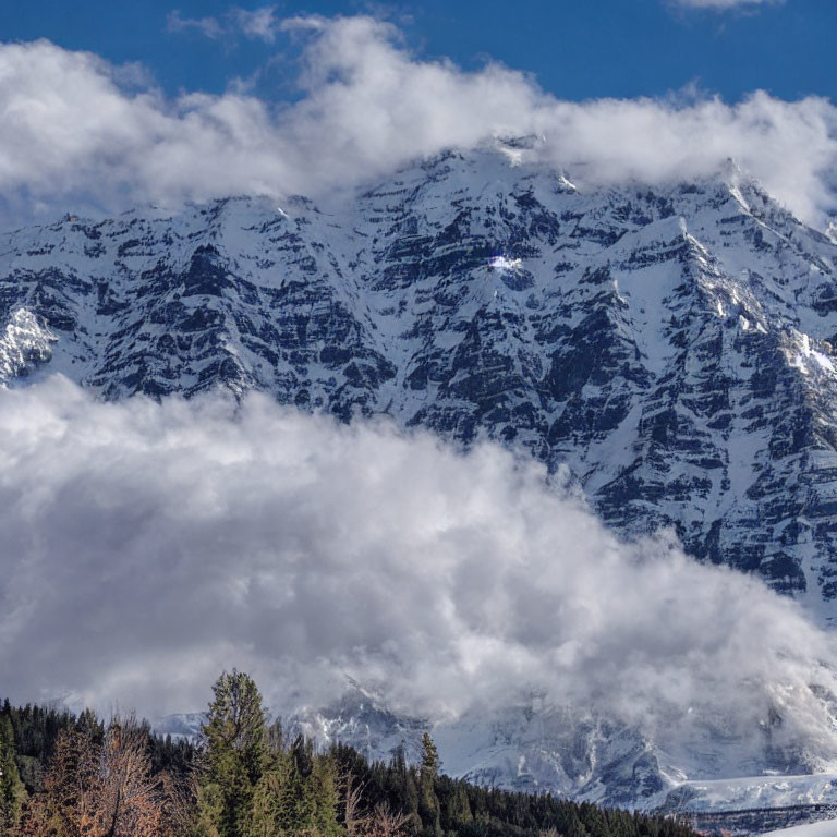 Majestic snow-covered mountain peaks above clouds and forest landscape