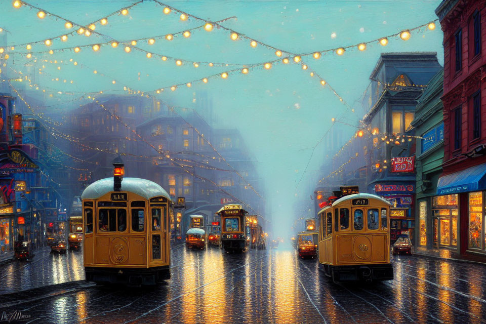 Vintage trams on rainy street at twilight with hanging lights and reflections