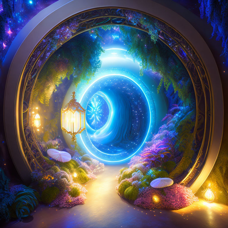 Circular portal with glowing edges amidst lush foliage, flowers, and vintage lanterns.