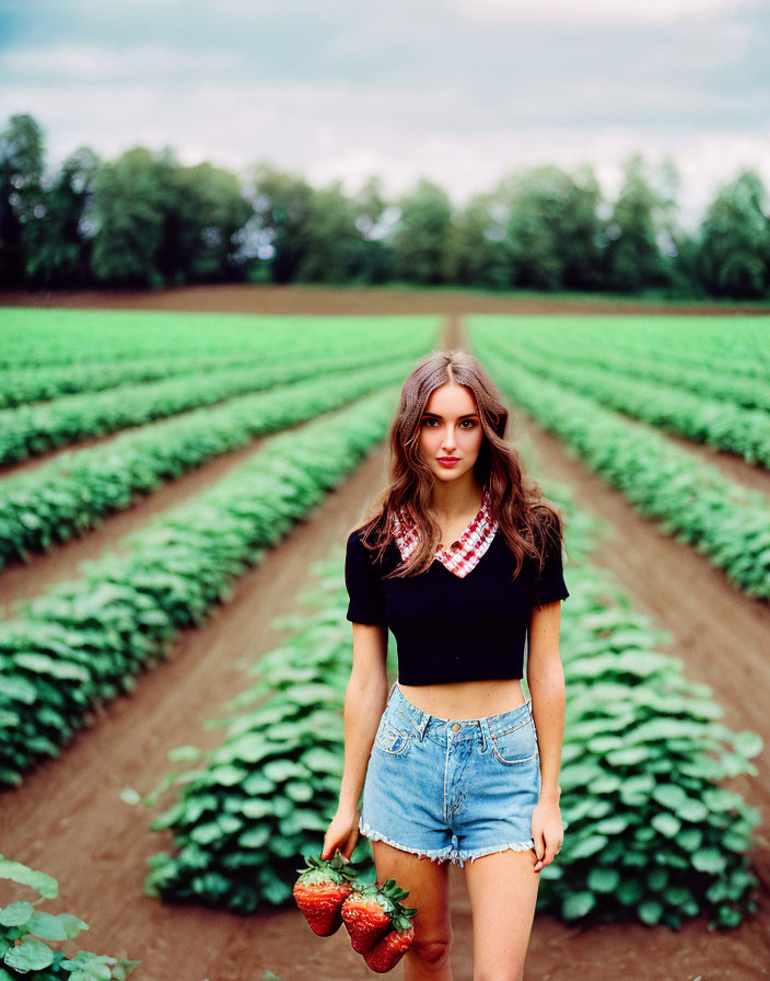 Young woman in black top and denim shorts holding strawberries in green field