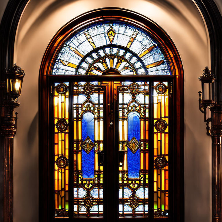 Vibrant blue stained glass door with golden designs and vintage wall lamps in arched alcove