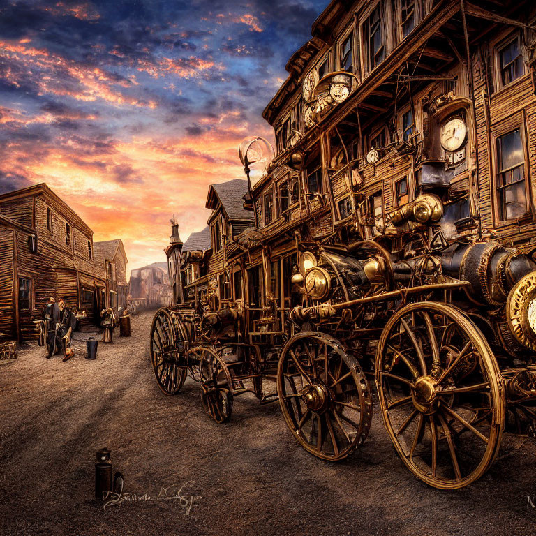 Steampunk vehicle with brass detailing in old-fashioned town at sunset