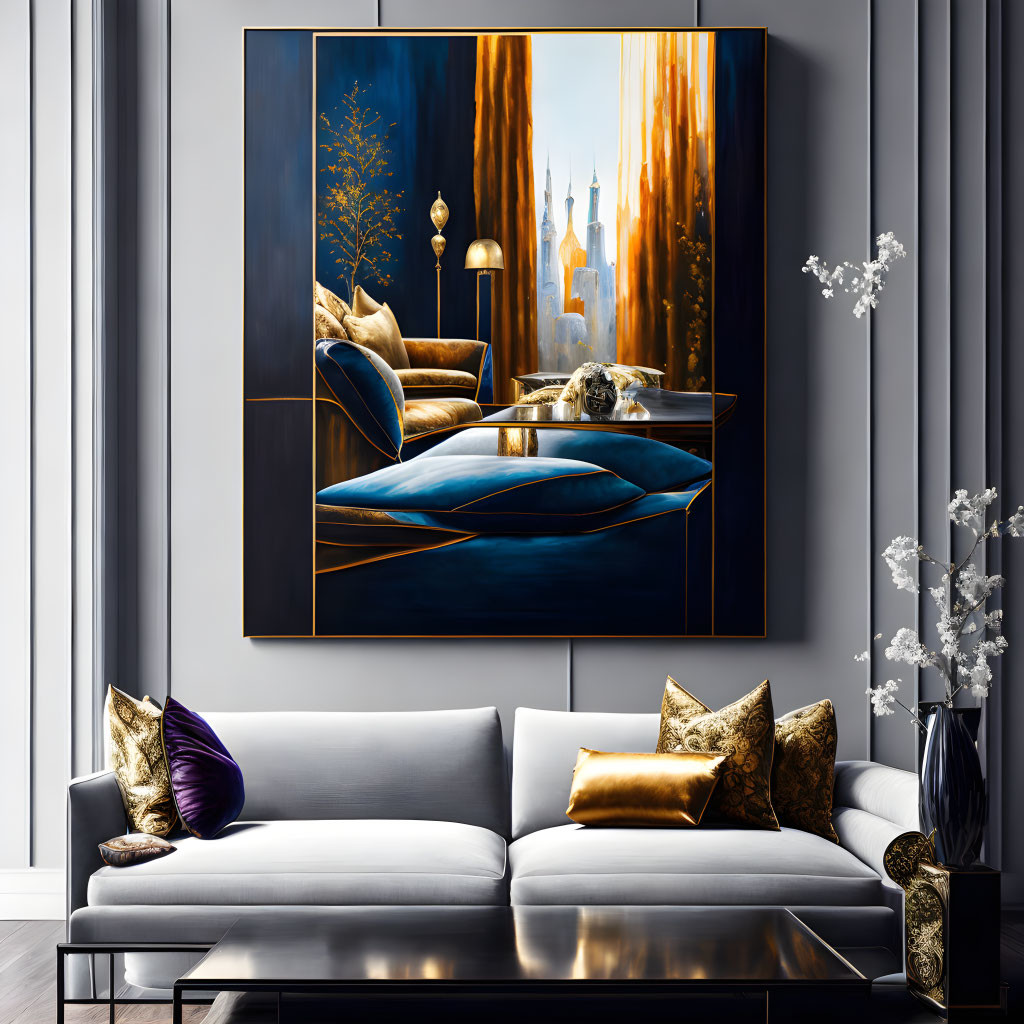 Modern living room with white couch, abstract painting, and elegant vase.