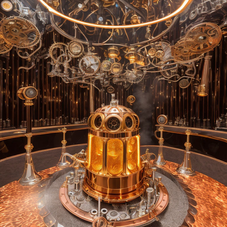 Steampunk-themed interior with metallic pod centerpiece and mechanical elements in warm light