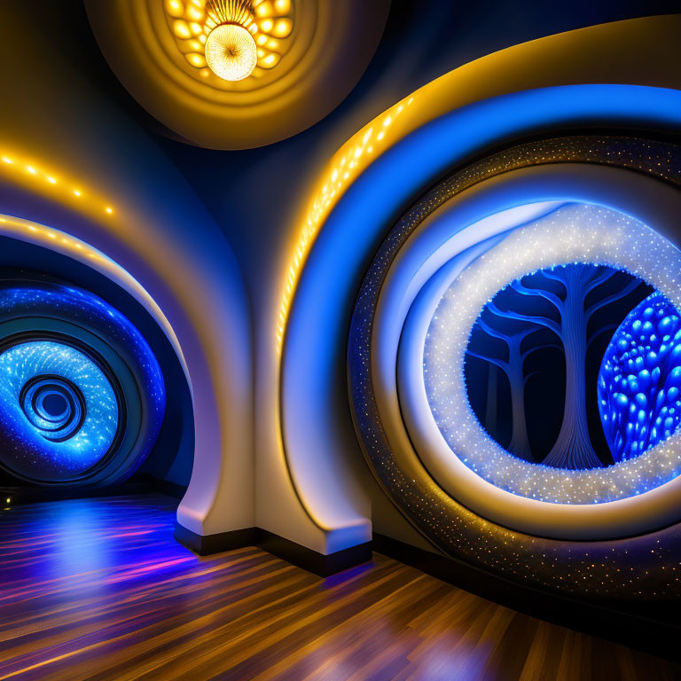 Futuristic tunnel with blue and golden light patterns and tree design