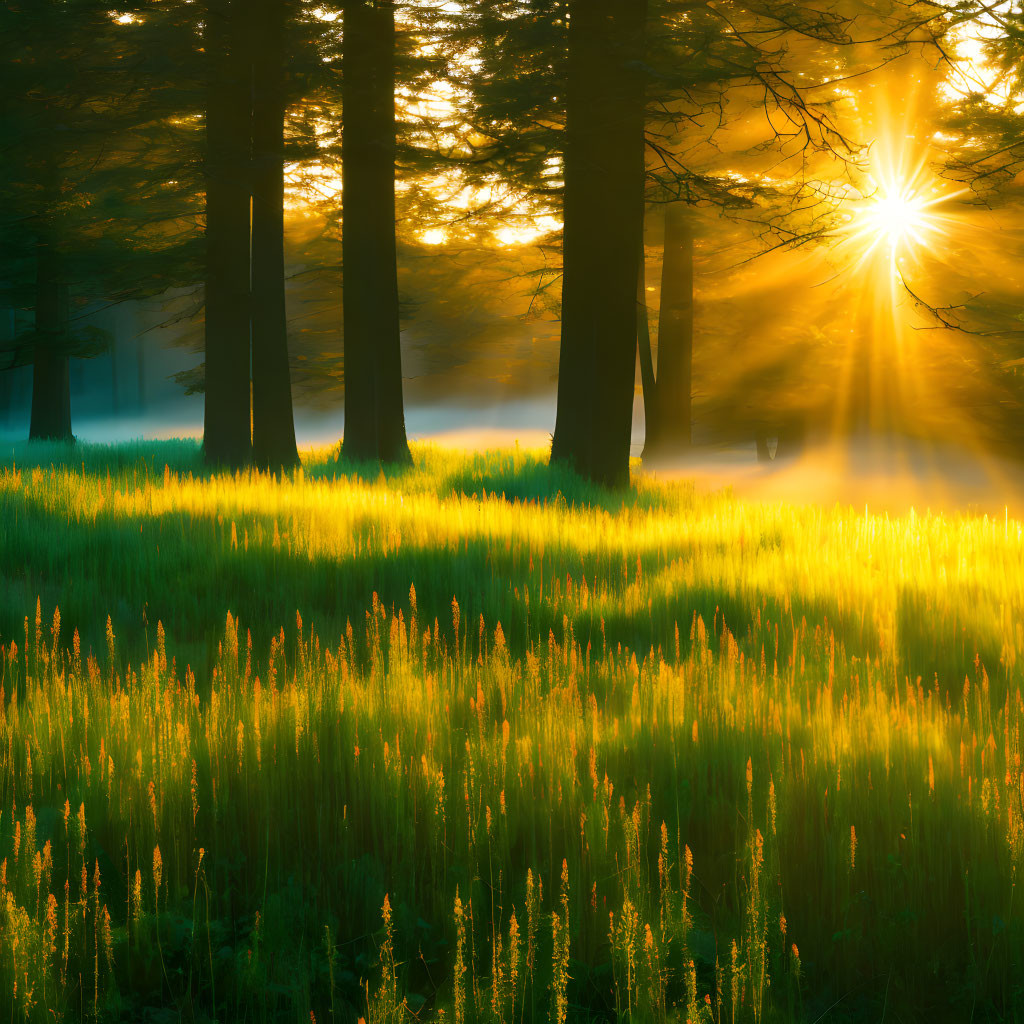 Serene forest scene with sunbeams and misty meadow