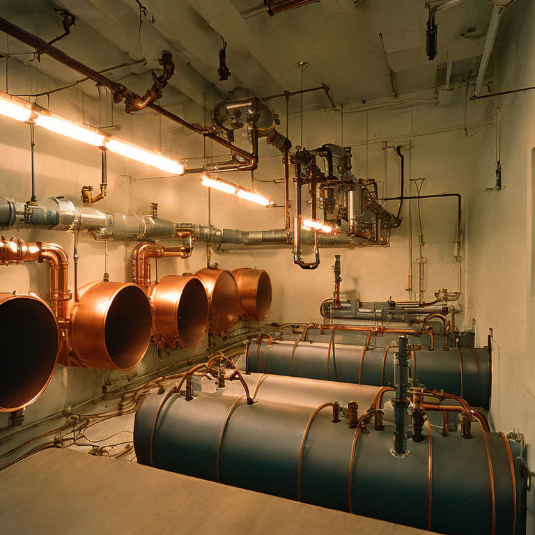Industrial room with blue tanks, copper pipes, gauges, valves on cream background