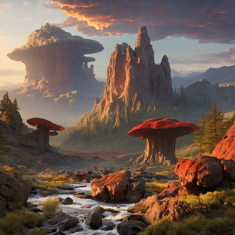 Fantastical landscape with mushroom-shaped rock formations and stream under sunset sky