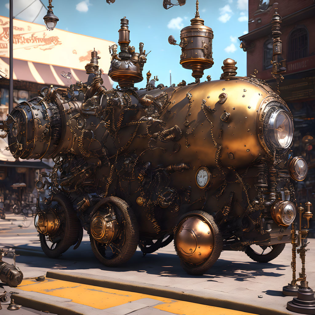 Steampunk-style vehicle with brass details and gears parked on cobblestone street.