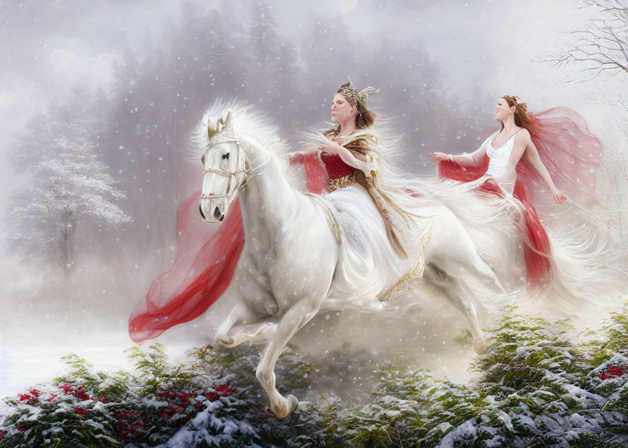 Women in white and red dresses ride white horse in snowy forest