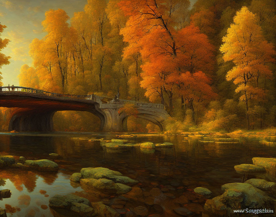 Golden-orange trees, stone bridge, and moss-covered rocks in serene autumn scene
