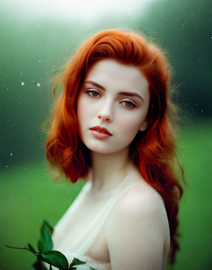 Red-haired woman holding a rose on green bokeh background