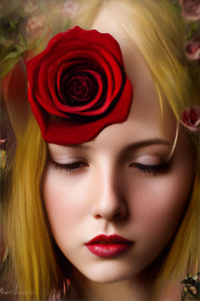 Young Woman with Red Rose on Forehead in Soft Floral Background