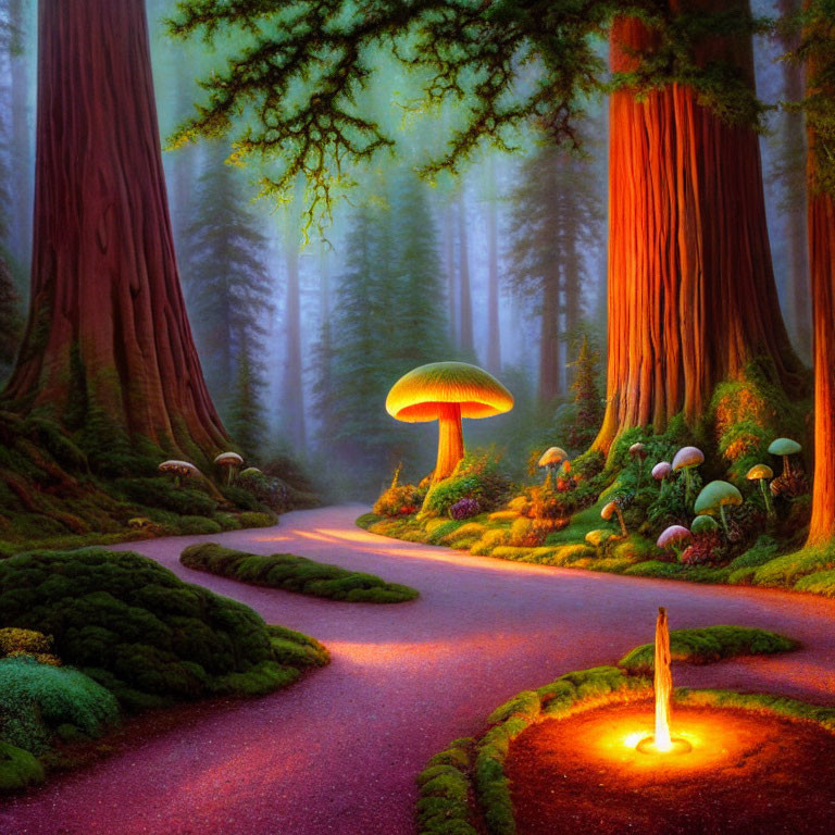 Enchanted forest scene with oversized glowing mushroom and small candle surrounded by trees and smaller mushrooms.