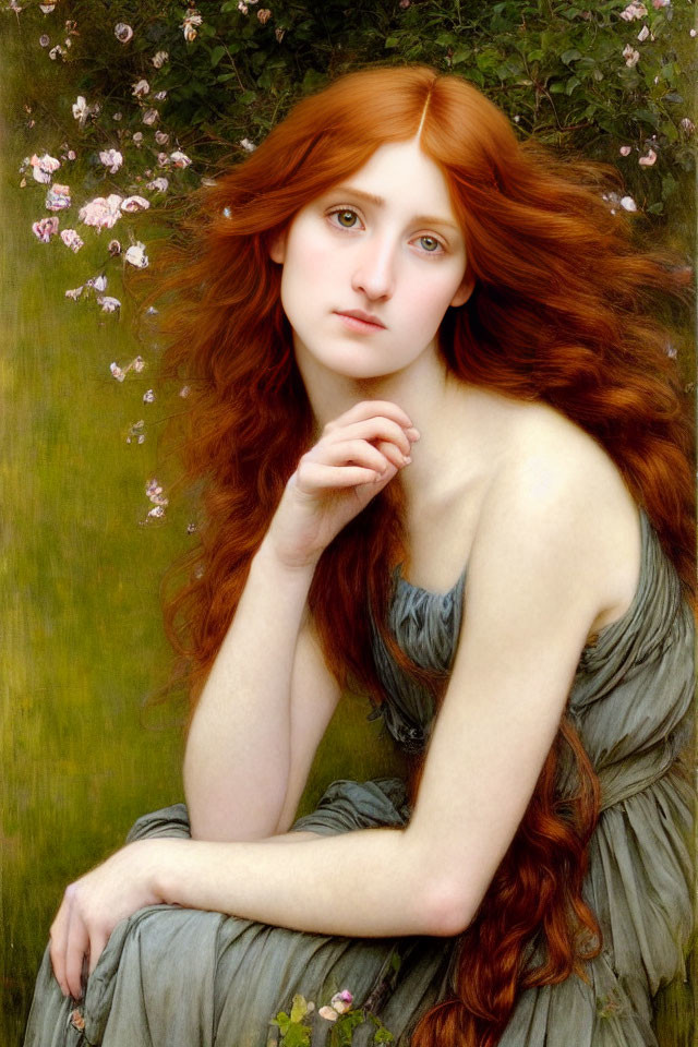 Portrait of Woman with Red Hair in Gray Dress Surrounded by Greenery and Pink Blossoms