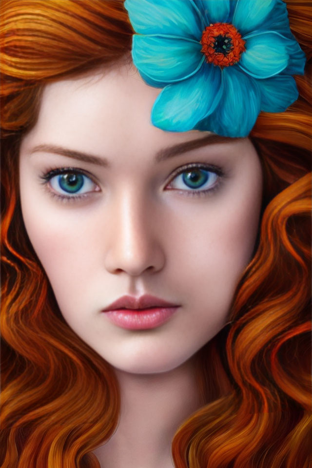 Portrait of woman with fiery red curls and striking blue eyes adorned with blue flower
