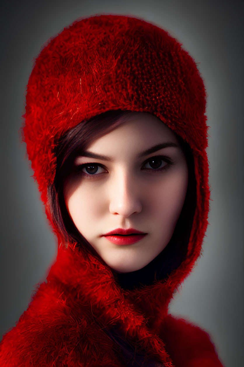 Person in Red Hooded Top with Sharp Features on Grey Background