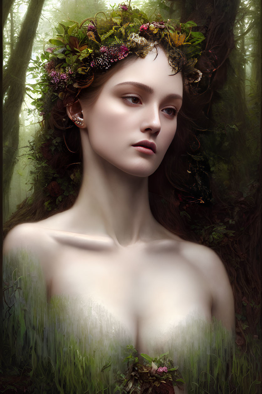 Woman with floral crown gazing in misty forest landscape