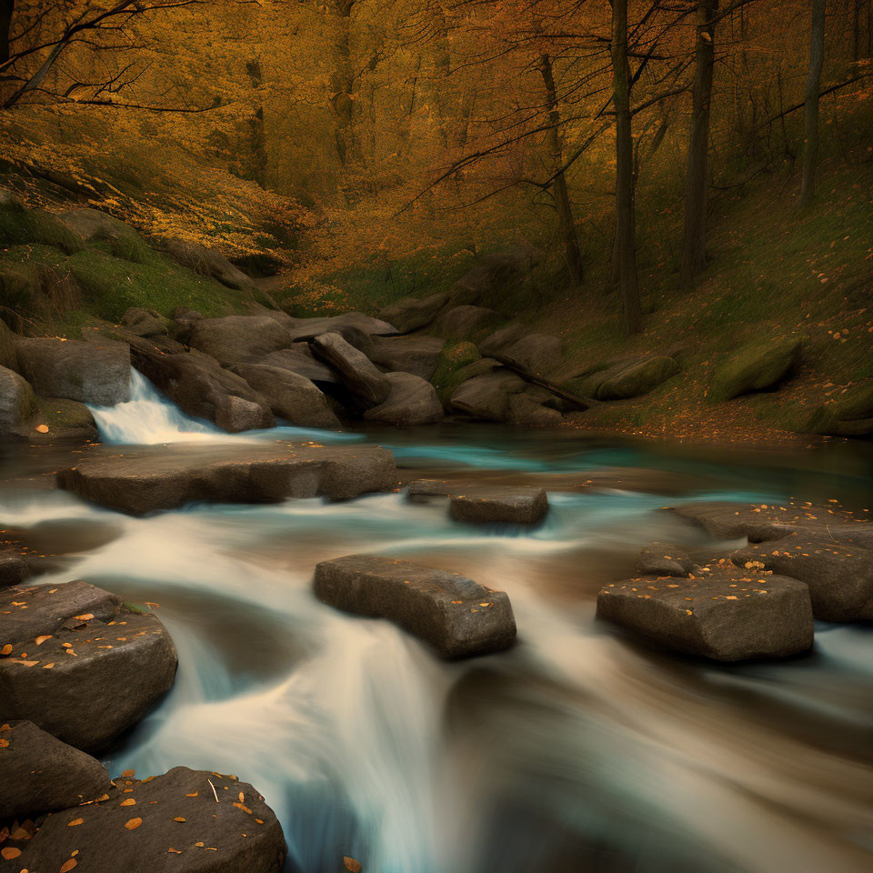 Tranquil autumn stream with golden trees and fallen leaves