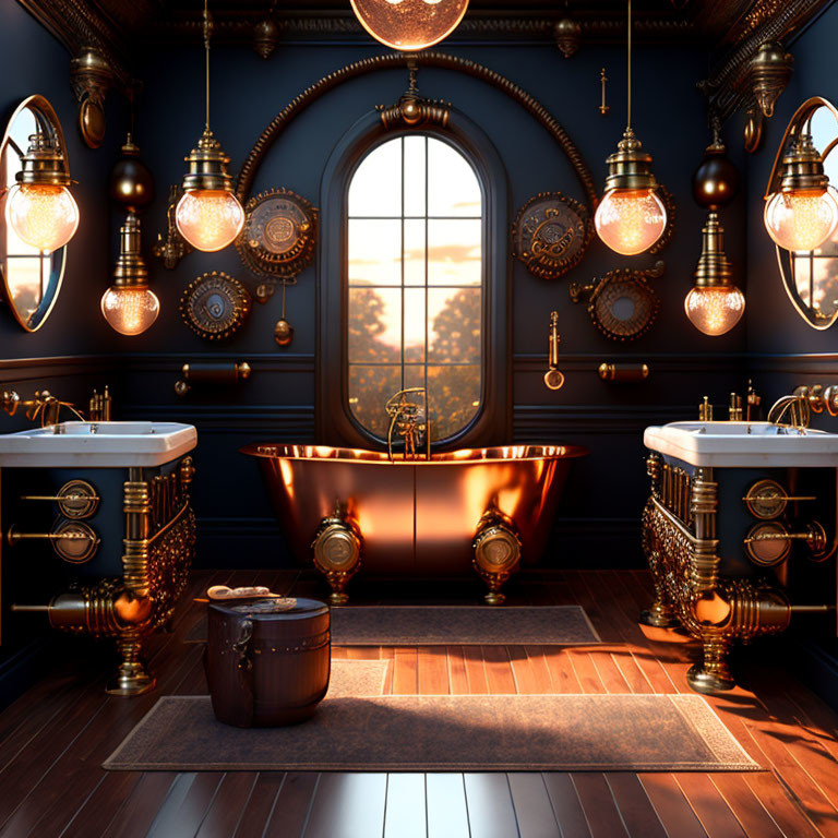 Luxurious Bathroom with Twin Sinks, Copper Bathtub, Golden Fixtures & Sunset View