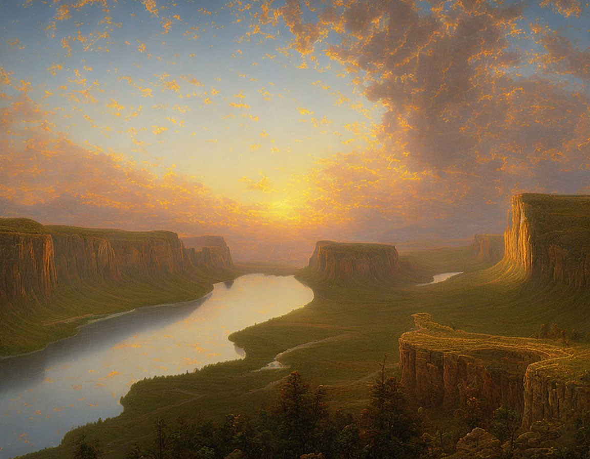 Tranquil sunrise over serene river valley and majestic cliffs