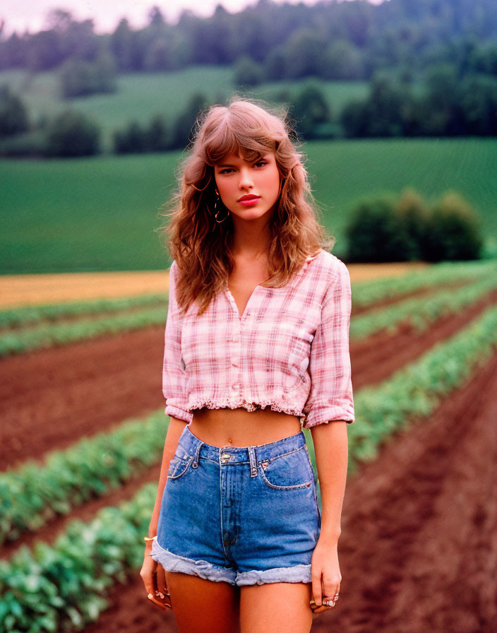 Plaid Crop Top and Denim Shorts Woman in Field with Green Hills