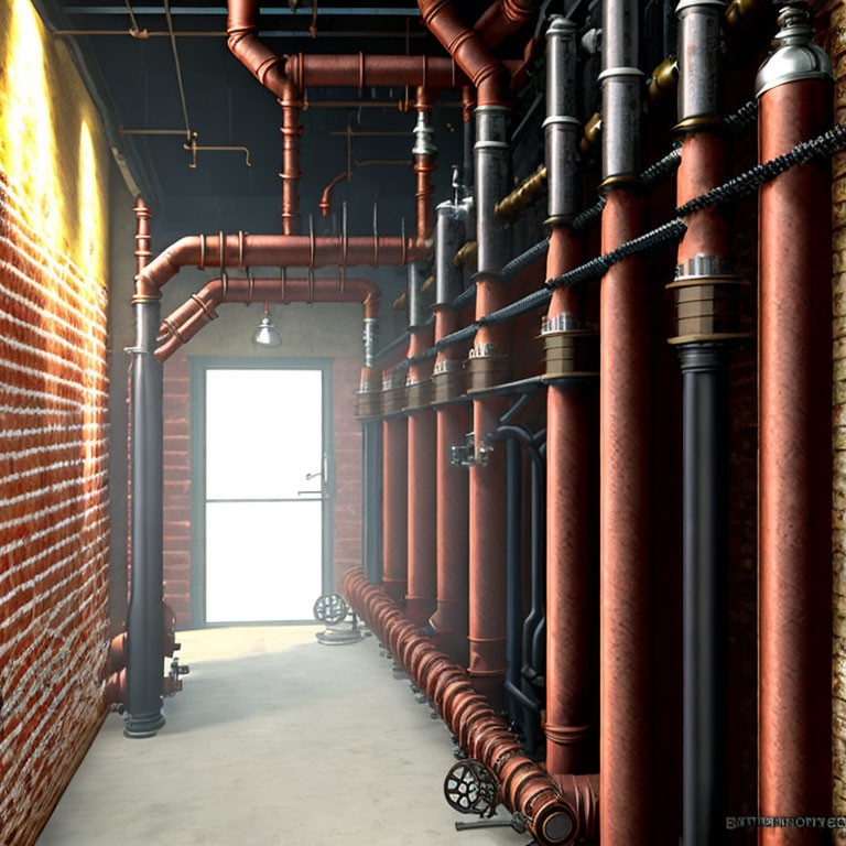 Industrial-style corridor with red brick walls and ceiling pipes.