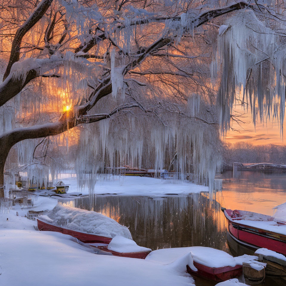 Snow-covered boats on frozen lake with ice-laden branches and warm sunset.
