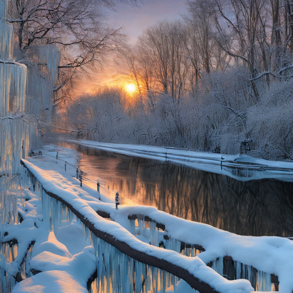 Tranquil winter sunrise over snow-covered river and trees