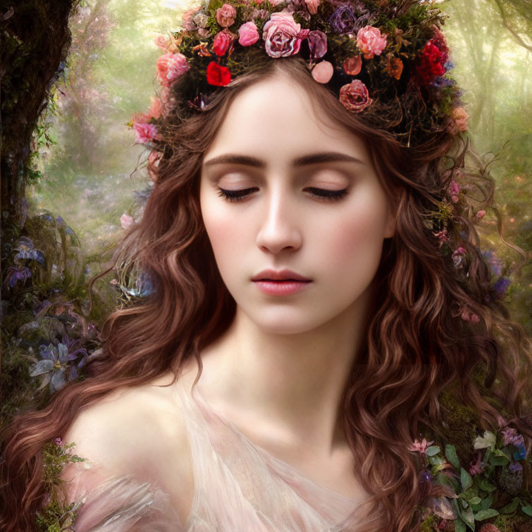 Woman with Floral Crown and Long Wavy Hair in Forest