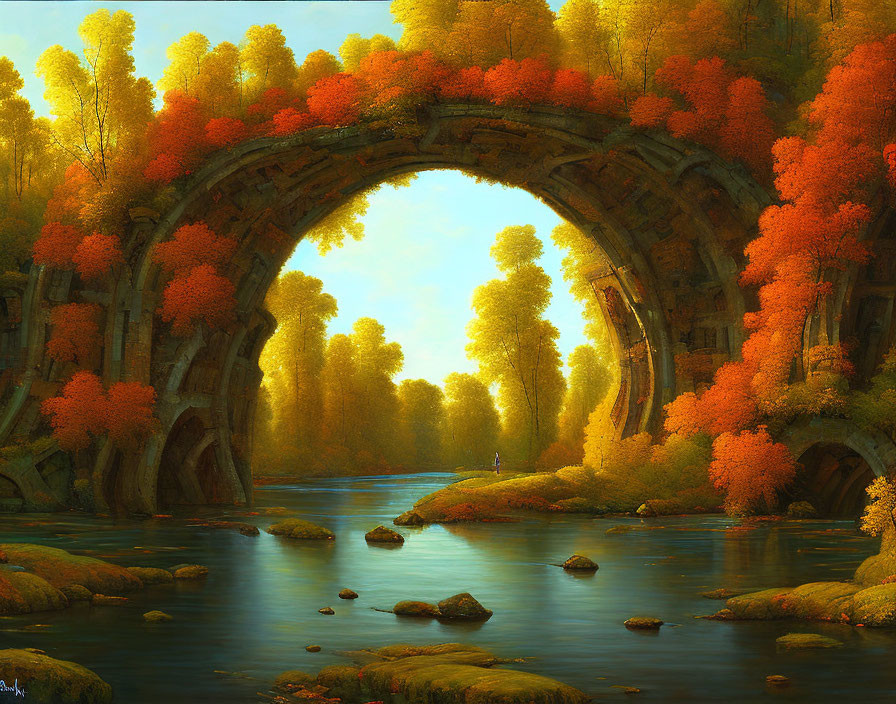 Tranquil river flowing under moss-covered stone arch amid autumn trees